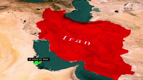 Al Udeid Air Base Location Map Relative to Iran, 3D Military Map Animation Stock Footage 344326676