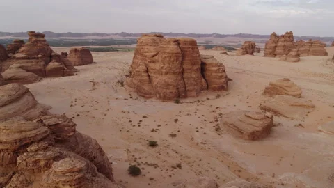 Al Ula canyons and rocks at sunset. Desert Saudi Arabia, Aerial 4K Stock Footage 196833782