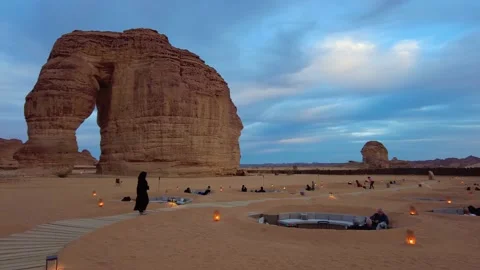 Al Ula, Saudi Arabia: Dramatic view of the Elephant rock and cafe Stock Footage 232710381