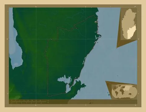 Al Wakrah, Qatar. Colored elevation map with lakes and rivers Stock Illustration