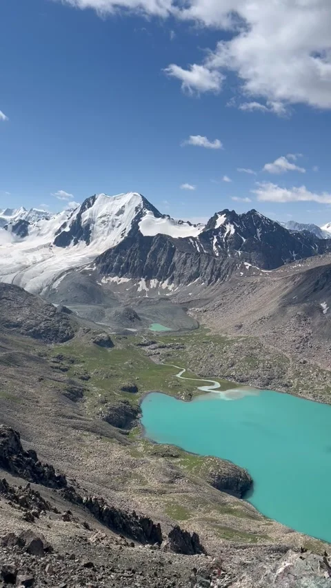 Ala-Kul lake between scree slopes and glaciated peaks, Kyrgyzstan Stock-Footage 346368232