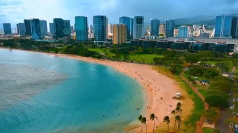 Ala Moana Beach Park Honolulu Hawaii Tropical Beach Skyline Drone Aerial 스톡 동영상 344425622