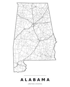 Alabama AL Map Counties Highways Roads Black White Editable Vector Stock Illustration