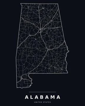 Alabama AL Map Counties Highways Roads Dark Mode Editable Vector Stock Illustration
