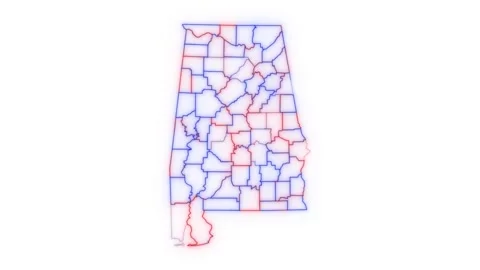 Alabama county map red blue election outline white background seamless loop Stock Footage 343867613