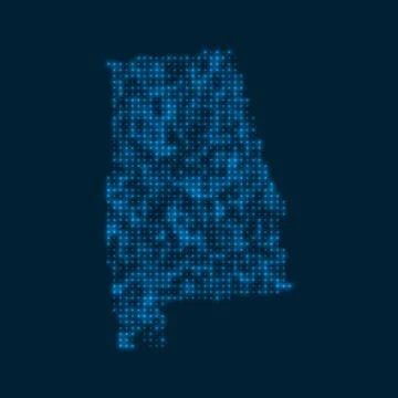 Alabama dotted glowing map. Shape of the us state with blue bright bulbs. V.. Stock Illustration
