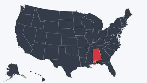 Alabama Highlighted Raised in 3D on US Election Map Neutral Teal Amber, White Stock Illustration