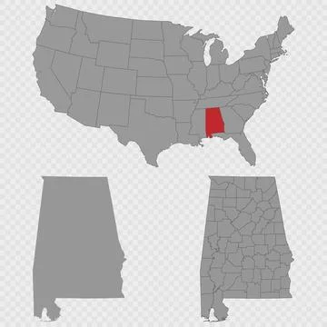 Alabama map set with USA location, clean outline, and full county breakdown. Stock Illustration