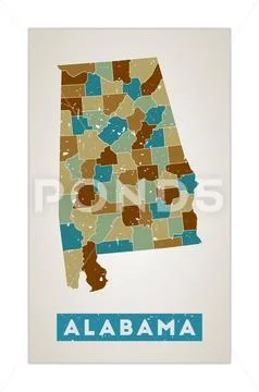 Alabama map. Us state poster with regions. Old grunge texture. Shape of ...