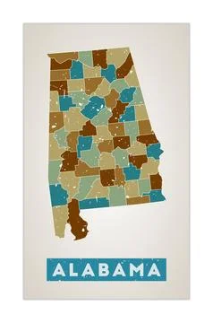 Alabama map. Us state poster with regions. Old grunge texture. Shape of Ala.. Stock Illustration