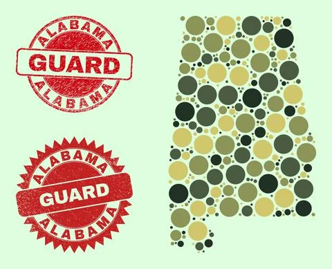 Alabama State Map Collage with Camo Military Round Elements with Grunge Guard Illustrazione stock