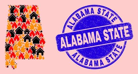Alabama State Map Collage of Fire and Buildings and Distress Alabama State Seal Ilustración de archivo