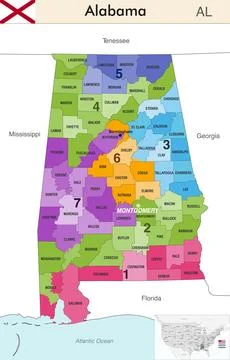 Alabama state map with counties borders and congressional districts Stock Illustration