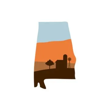 Alabama State Shape with Farm at Sunset that has Windmill, Barn, and a Tree Stock Illustration