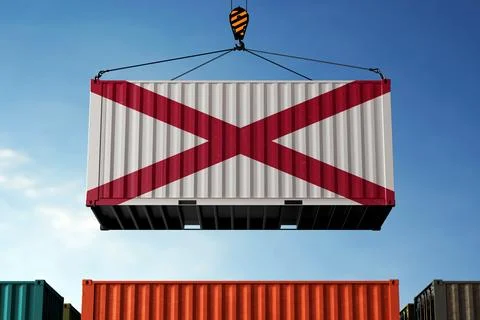 Alabama trade cargo container hanging against clouds background Stock Illustration