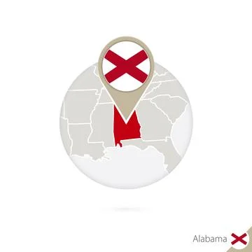 Alabama US State map and flag in circle. Map of Alabama, Alabama flag pin. .. Stock Illustration