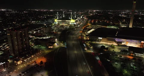 Alamodome and Freeway Traffic at Night Drone Aerial View San Antonio Texas USA Stock Footage 335793858