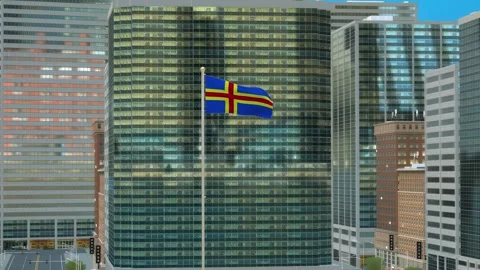 Aland Flag 3D Render Animation on Pole with Modern Business District Buildin Stock-Footage 333041552