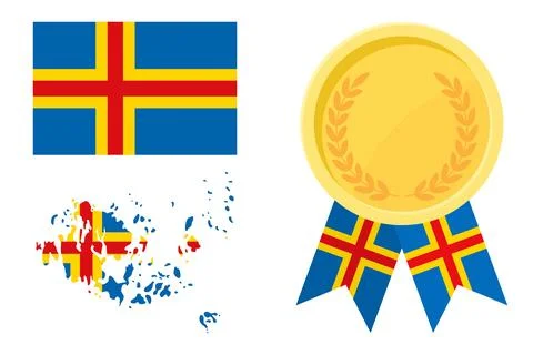 Aland flag with map and gold medal in set for web and banners or app and game Stock Illustration