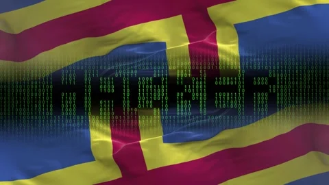 Aland flag - Waving flag on matrix binary code background Stock Footage 321419420