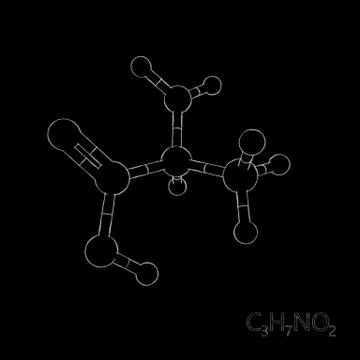 Alanine model molecule. Isolated on black background. Sketch illustration. 스톡 일러스트