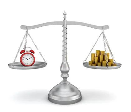 Alarm clock and coin stack on scales Stock Illustration