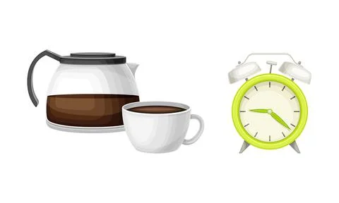Alarm Clock and Kettle with Coffee Drink as Good Morning Symbol and Attribute Stock Illustration