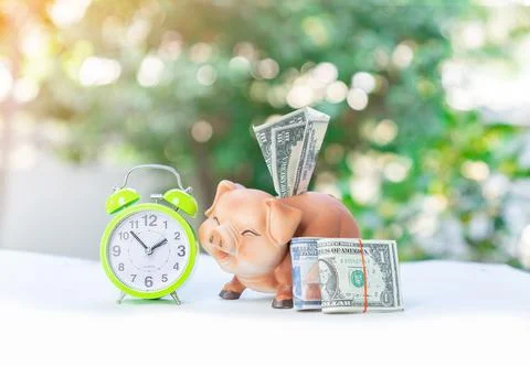 Alarm clock and saving dollar bill in piggy bank concept of saving, invesment Stock Photos