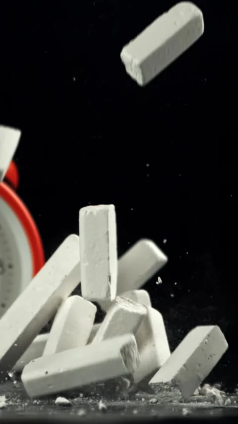 Alarm clock and school crayons fly up on a black background. Filmed on a high Stock Footage 335365897