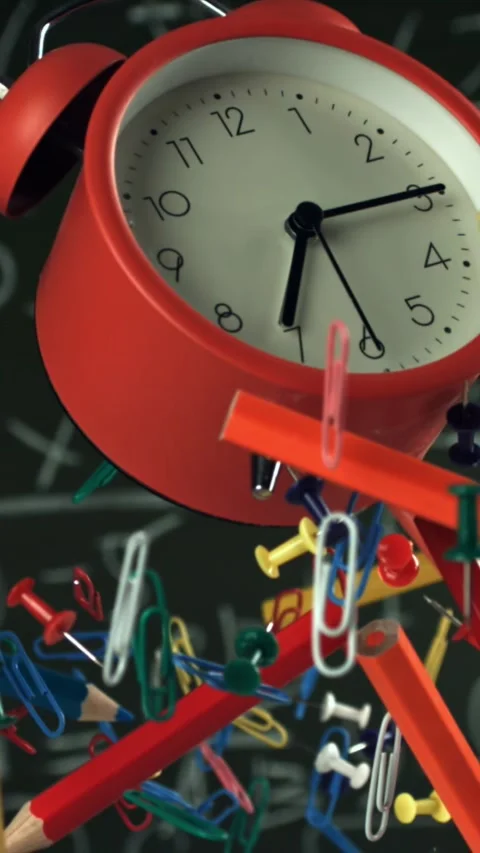 Alarm clock and school tools soaring up against the blackboard background Stock Footage 335372970