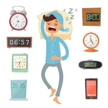 Alarm clock and sleeping man vector illustration Stock Illustration