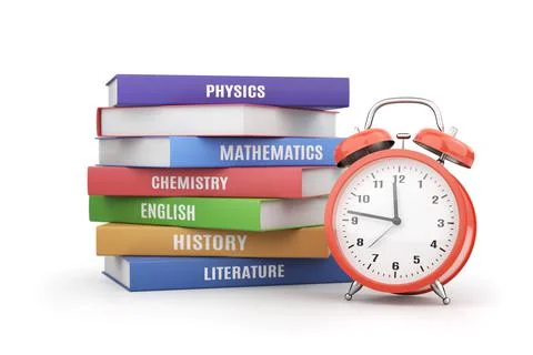 Alarm clock and stack of books isolated on white background. Illustrazione stock