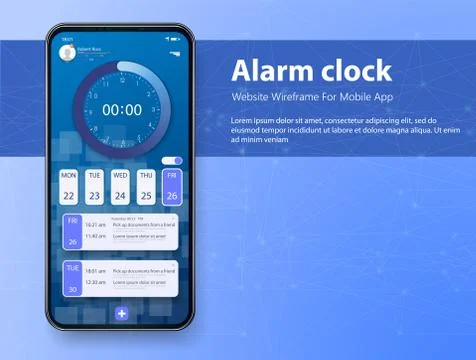 Alarm clock app smartphone interface vector template. Mobile get up applicati Stock Illustration