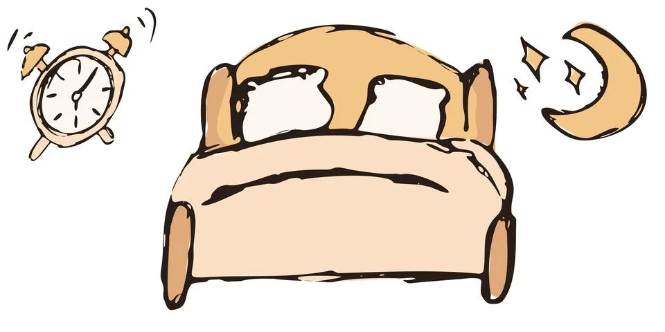 Alarm Clock Bed and Crescent Moon Hand Drawn Sleep Set Ilustración de archivo