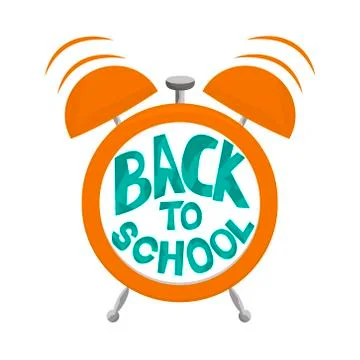 Alarm clock with bells and text Back to school. Alarm clock isolated on whi.. Illustrazione stock