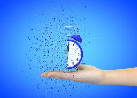 Alarm clock blue on a blue background explodes in the girl's hands 库存插图