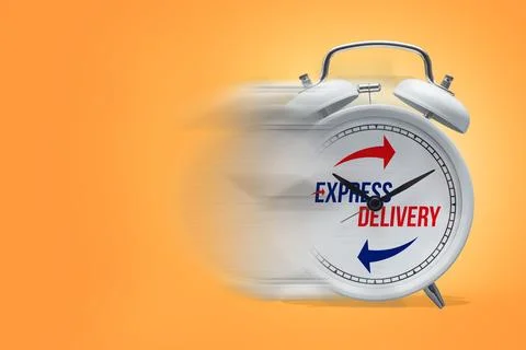 Alarm clock with bold express delivery text and motion blur effect. Concept f Stock Photos