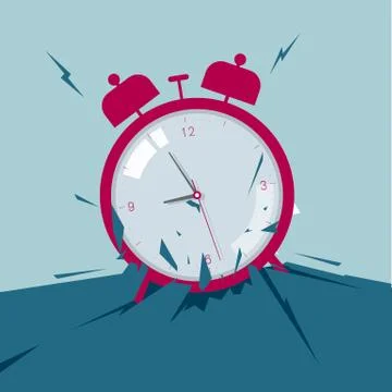 The alarm clock broke through the ground. Isolated on blue background. Illustrazione stock