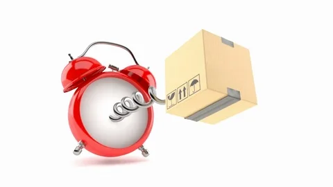 Alarm clock with cardboard box isolated on white background Stock Footage 71621682