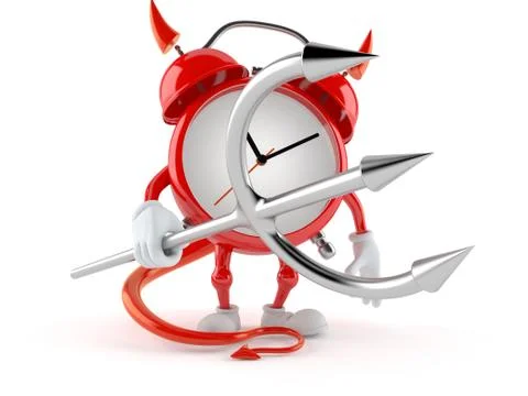 Alarm clock character with devil horns and pitchfork Stock Illustration