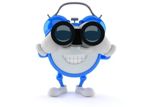 Alarm clock character looking through binoculars Illustrazione stock