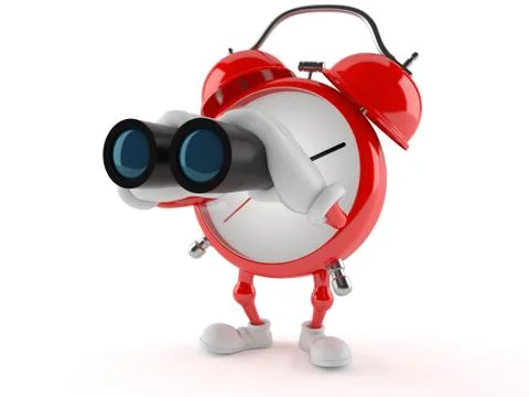 Alarm clock character looking through binoculars Illustrazione stock