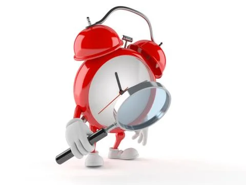 Alarm clock character looking through a magnifying glass Illustrazione stock