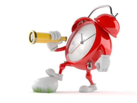 Alarm clock character looking through a telescope Illustrazione stock