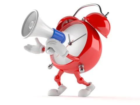 Alarm clock character speaking through a megaphone Illustrazione stock