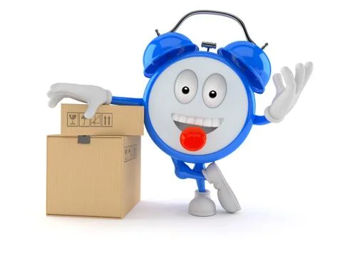 Alarm clock character with stack of boxes Illustrazione stock