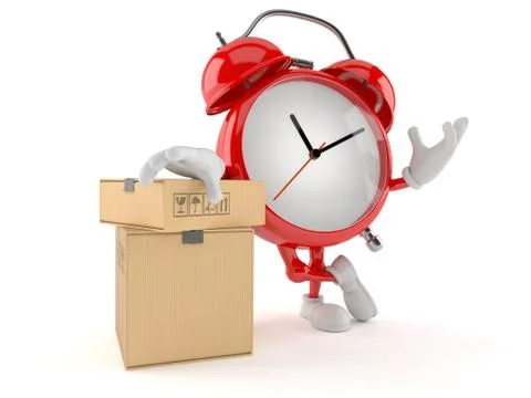 Alarm clock character with stack of boxes Stockillustratie
