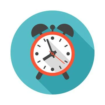 Alarm clock circle icon with long shadow. Flat design style. Stock Illustration