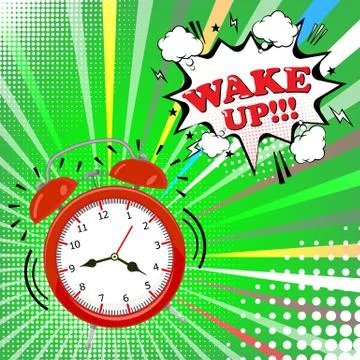 Alarm clock with comic bubble with wake up word on halftone background. Retro Stock Illustration