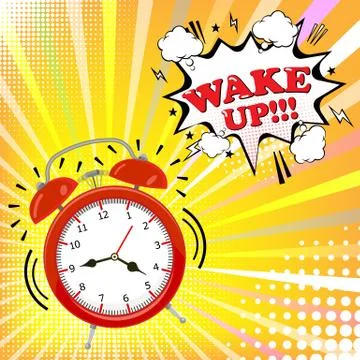 Alarm clock with comic bubble with wake up word on halftone background. Retro Stock Illustration